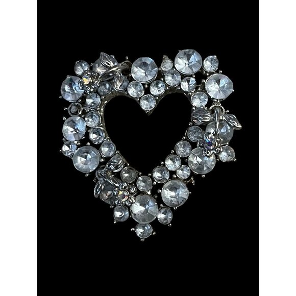 Vintage Crystal Rhinestone Silver-Tone & Roses Aurora Borealis Heart Brooch Pin - Picture 9 of 9